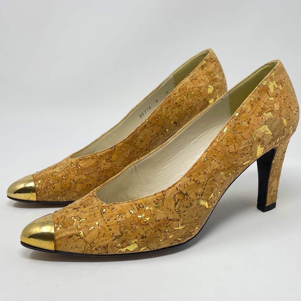 Stuart Weitzman Cork and Gold Cap Toe Pumps, 7
